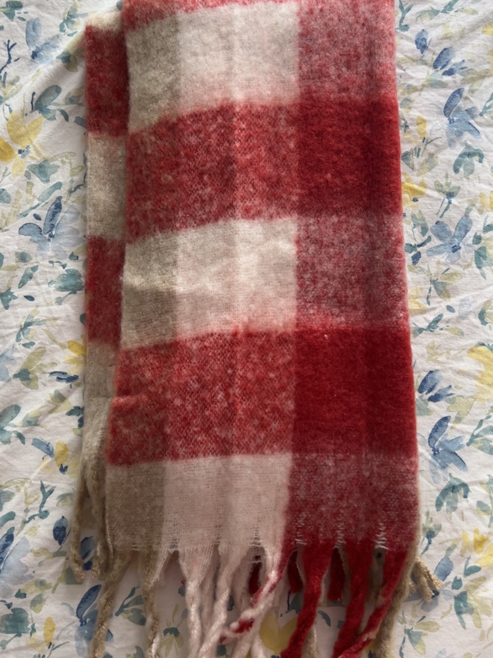 Soft Red and Cream Plaid Scarf